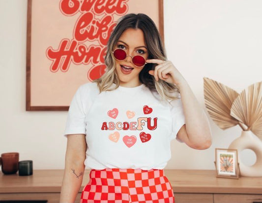 abcdeFU w/ 6 Red & Pink Hearts - Design 1 4X / White Crewneck Sweatshirt - Cut variant_skuc