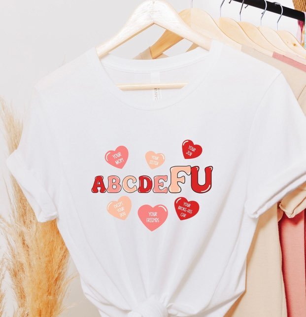 abcdeFU w/ 6 Red & Pink Hearts - Design 1 4X / White Crewneck Sweatshirt - Cut variant_skuc